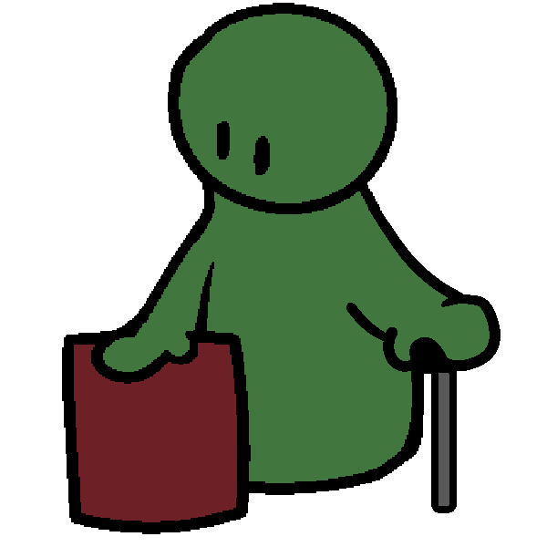 A green figure with a hand on a red box, looking down at it, and a cane in their other hand.